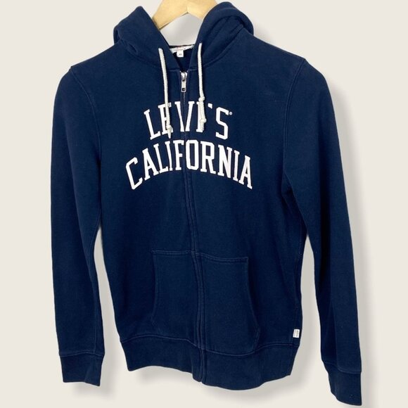 Levis Classic Sweatshirt Hoodie Navy Blue Fleece Size XS Hooded Spellout Zipper - Picture 2 of 11
